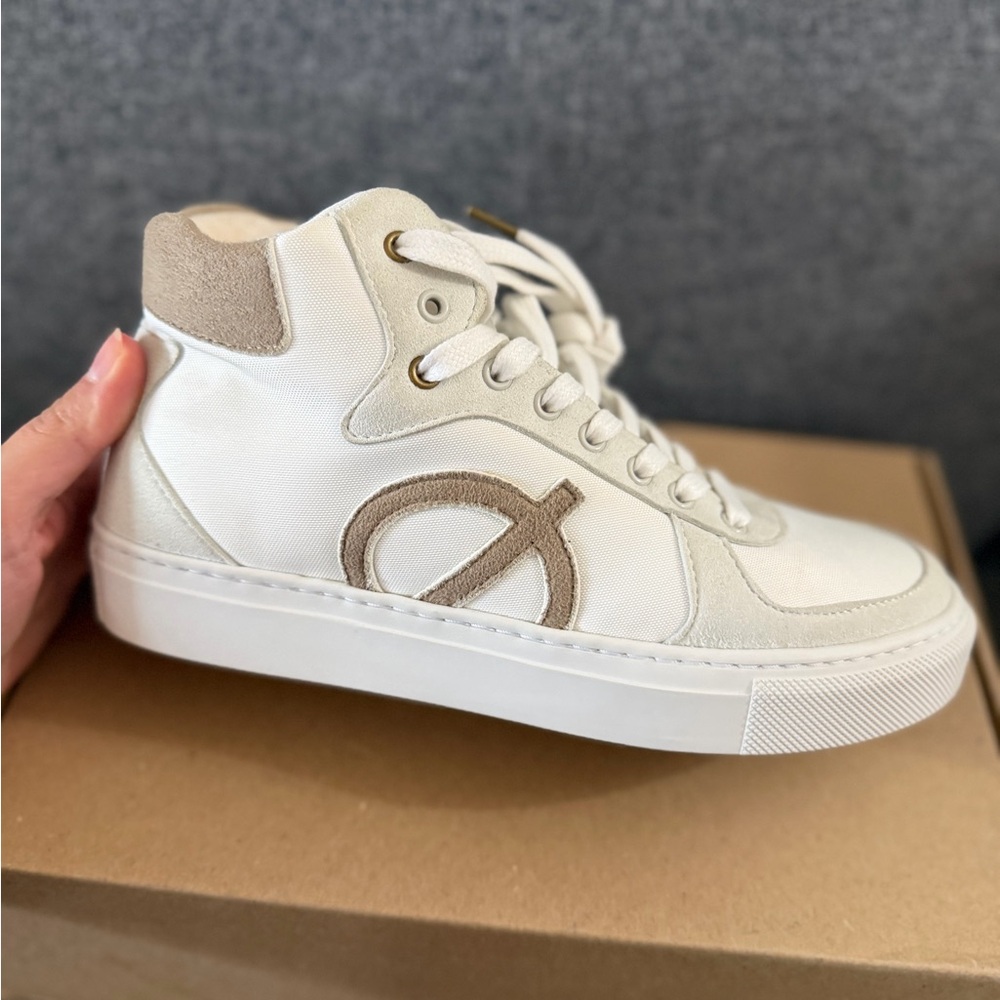 Stylish White and Tan High-Top Sneakers